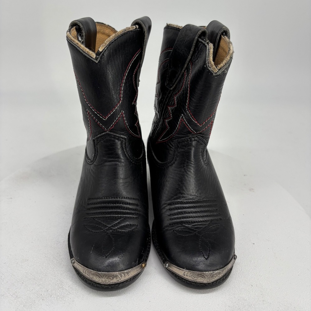 VTG Old West Cowboy Boots Kids Sz 5 Black Leather Metal Toe Cap Equestrian Rodeo - Picture 1 of 9
